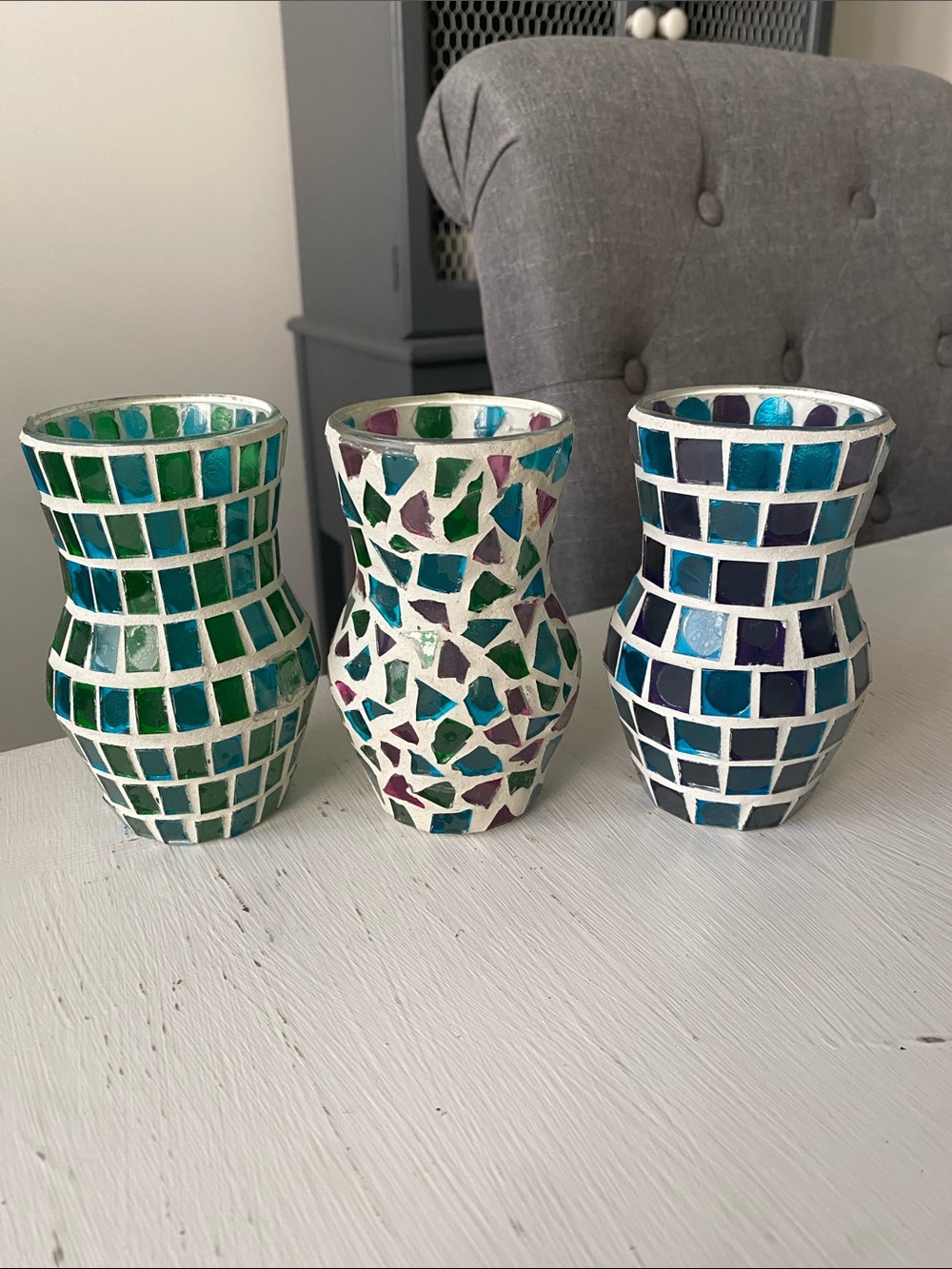 Mosaic Glass Vases - Set of 3 Green/Blue, Pink/Green/Blue & Purple/Blue